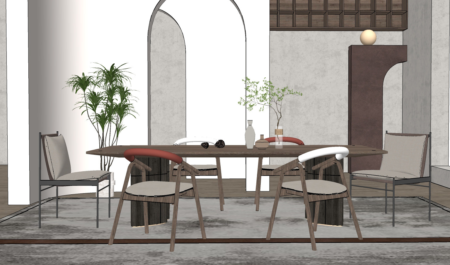 现代餐厅侘寂风餐桌椅，su草图模型下载