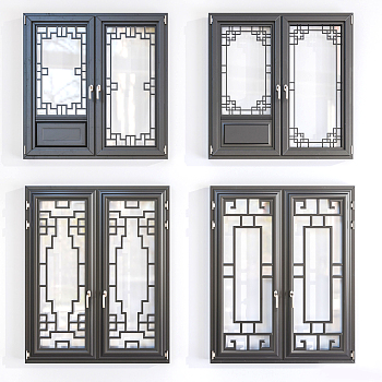 100中式窗户 平开窗 双开窗，花格花窗，窗扇 (1)su草图模型下载