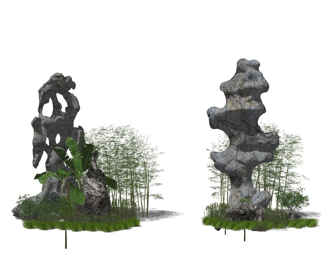 中式景观太湖石石头、竹子景观小品su草图模型下载