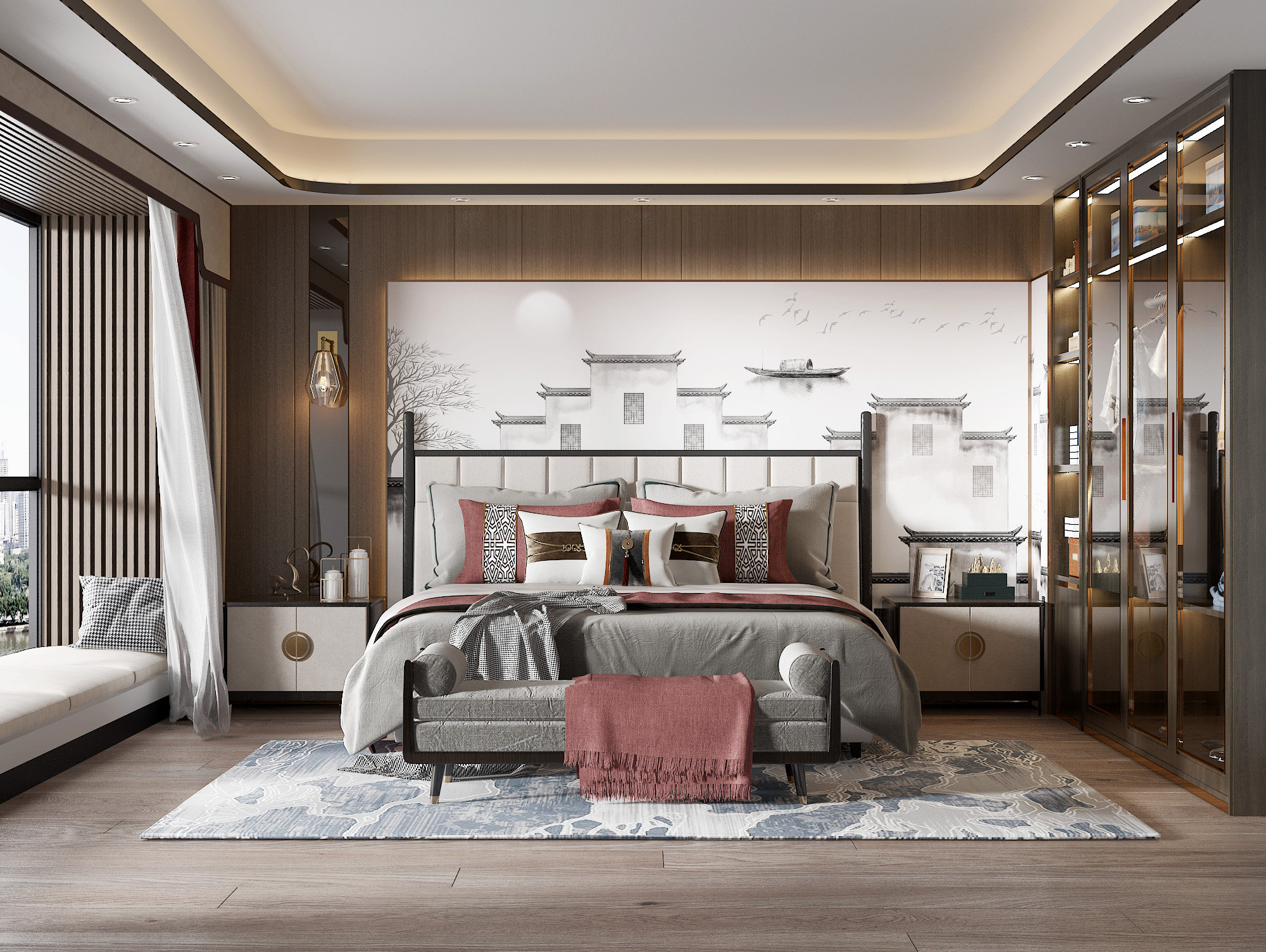 新中式家居卧室su草图模型下载