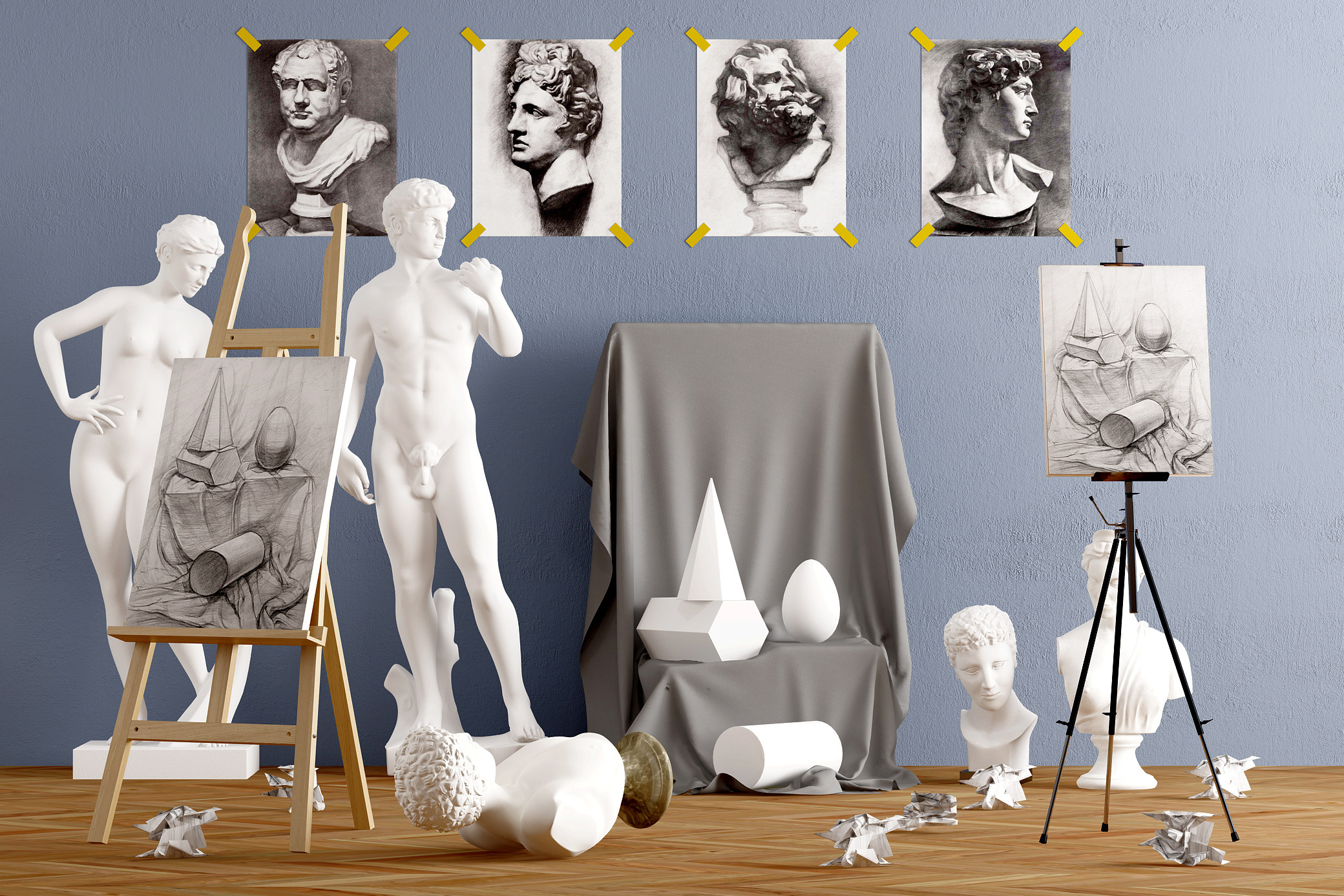 现代画架,大卫欧式人物石膏雕像,画架，美术教室素描su草图模型下载