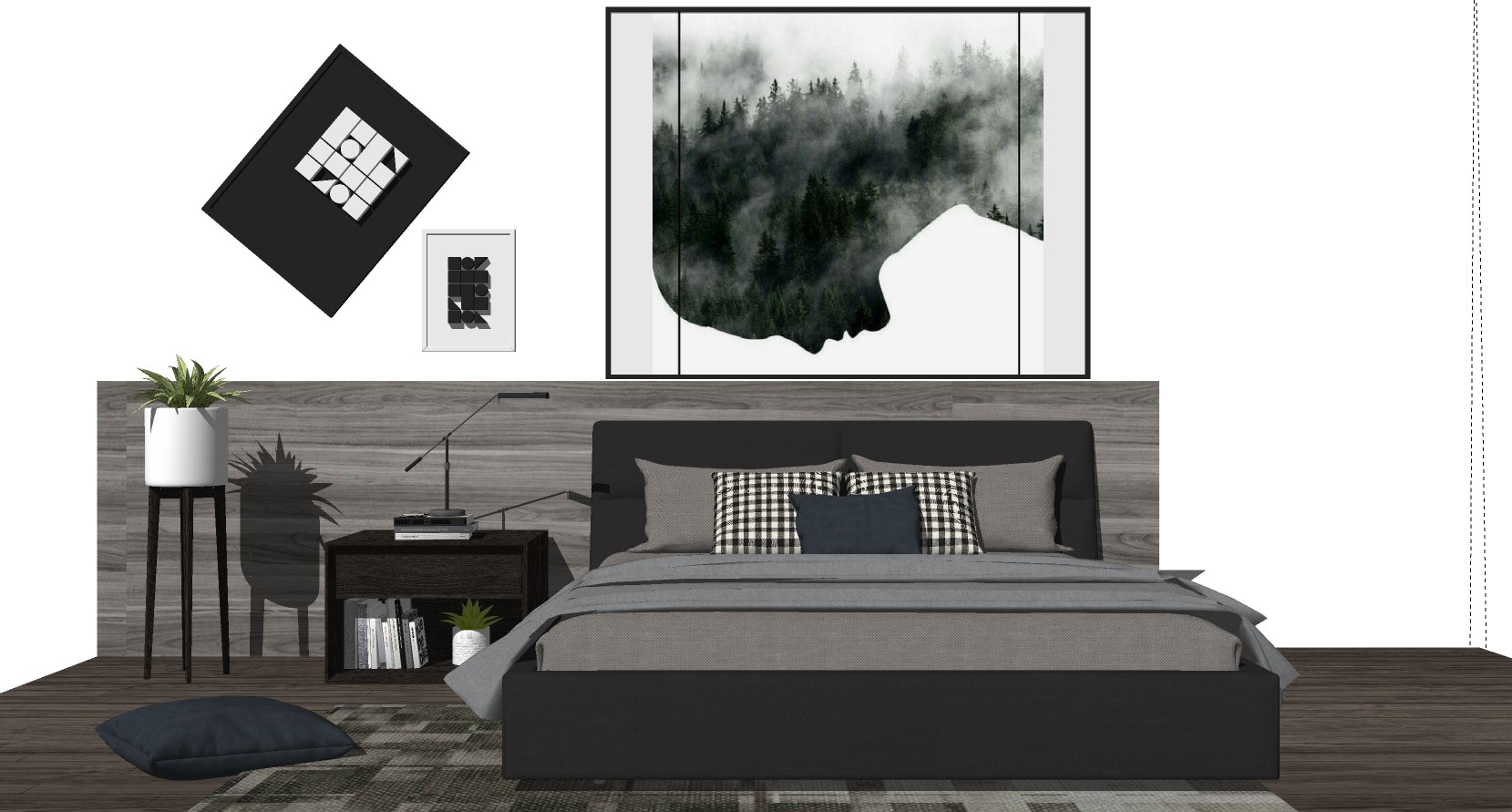 北欧现代双人床床头柜台灯卧室 (13)su草图模型下载
