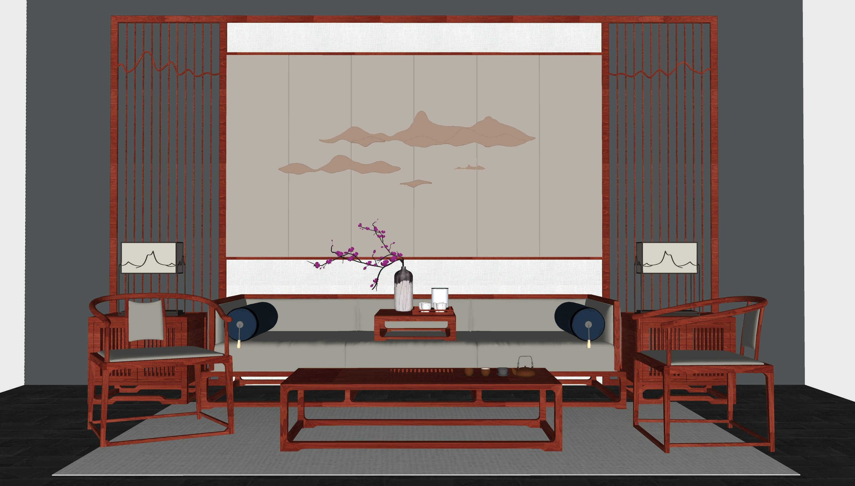 新中式沙发茶几组合 台灯 罗汉床 饰品摆件