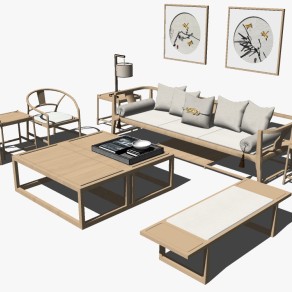 新中式实木家具沙发茶几组合 罗汉床 台灯 装饰挂画