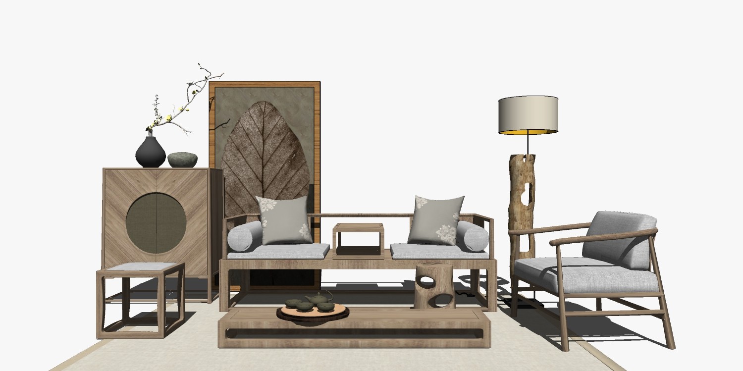 新中式实木家具沙发茶几组合 罗汉床 落地灯