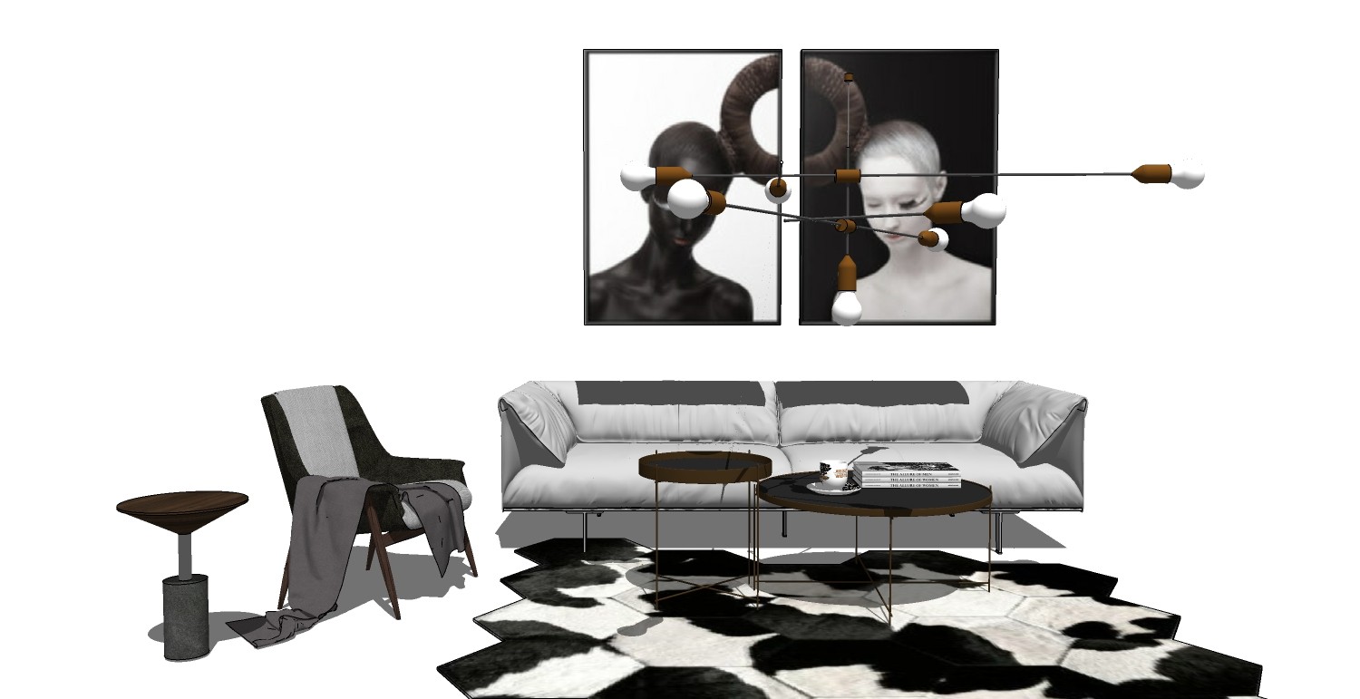 北欧现代沙发茶几休闲椅子吊灯组合 (1)su草图模型下载