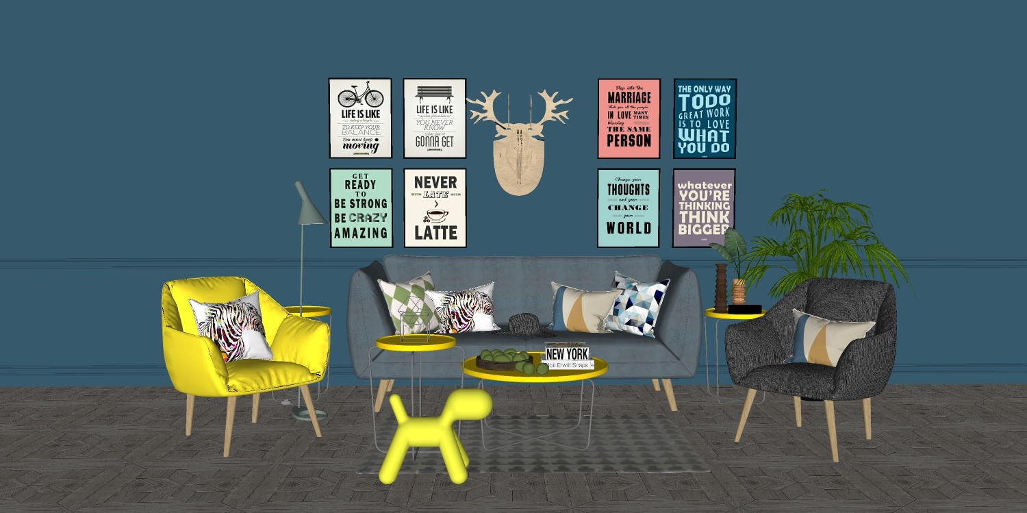 北欧现代沙发茶几组合 休闲椅 公仔 装饰挂画