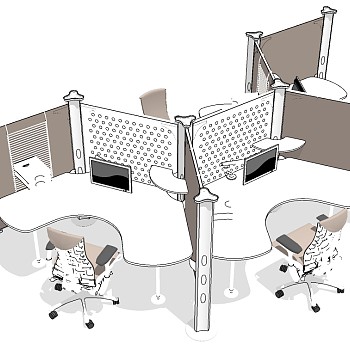 现代办公桌椅员工工位 (47)su草图模型下载