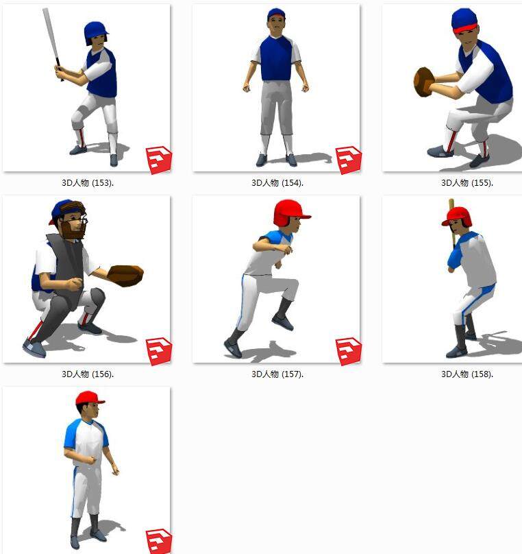 男性棒球运动员人物SketchUp草图3d人物模型下载su草图模型下载