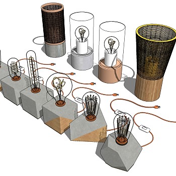 61现代石制台灯灯泡藤编编织竹篓子灯泡台灯su草图模型下载