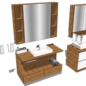 7现代木质洗手台毛巾卷毛巾架方形台上盆置物架镜柜SketchUpsu草图模型下载