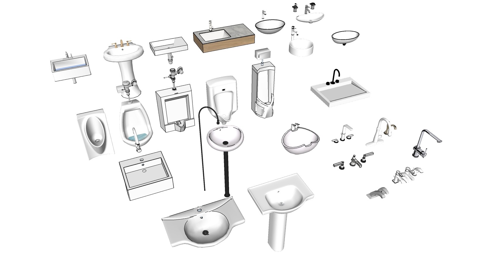 4柱式洗手台现代简易洗手台洗手盆小便斗龙头组合SketchUpsu草图模型下载