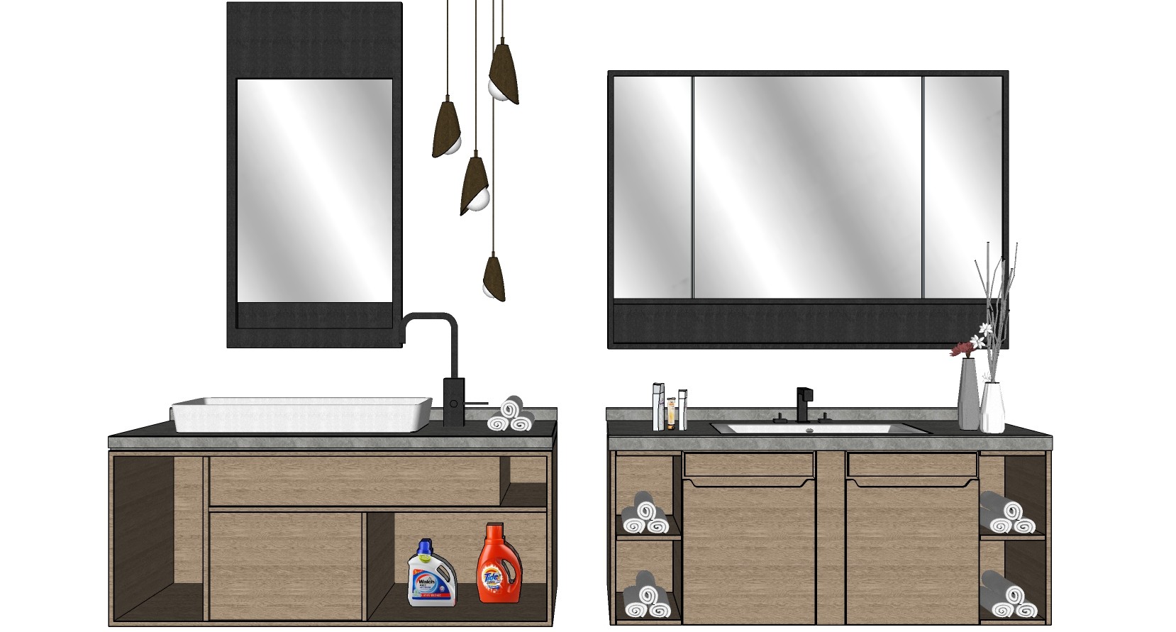 7现代新中式轻奢洗手台洗衣液手巾卫浴用品镜子镜柜SketchUpsu草图模型下载