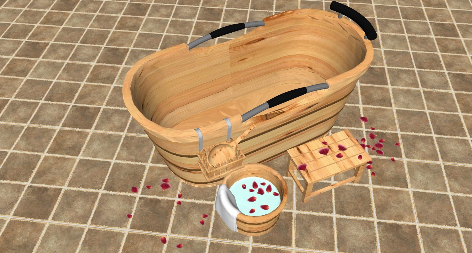 16田园东南亚木质浴缸木质洗脚盆木质水舀收纳盒木质凳花瓣SketchUpsu草图模型下载