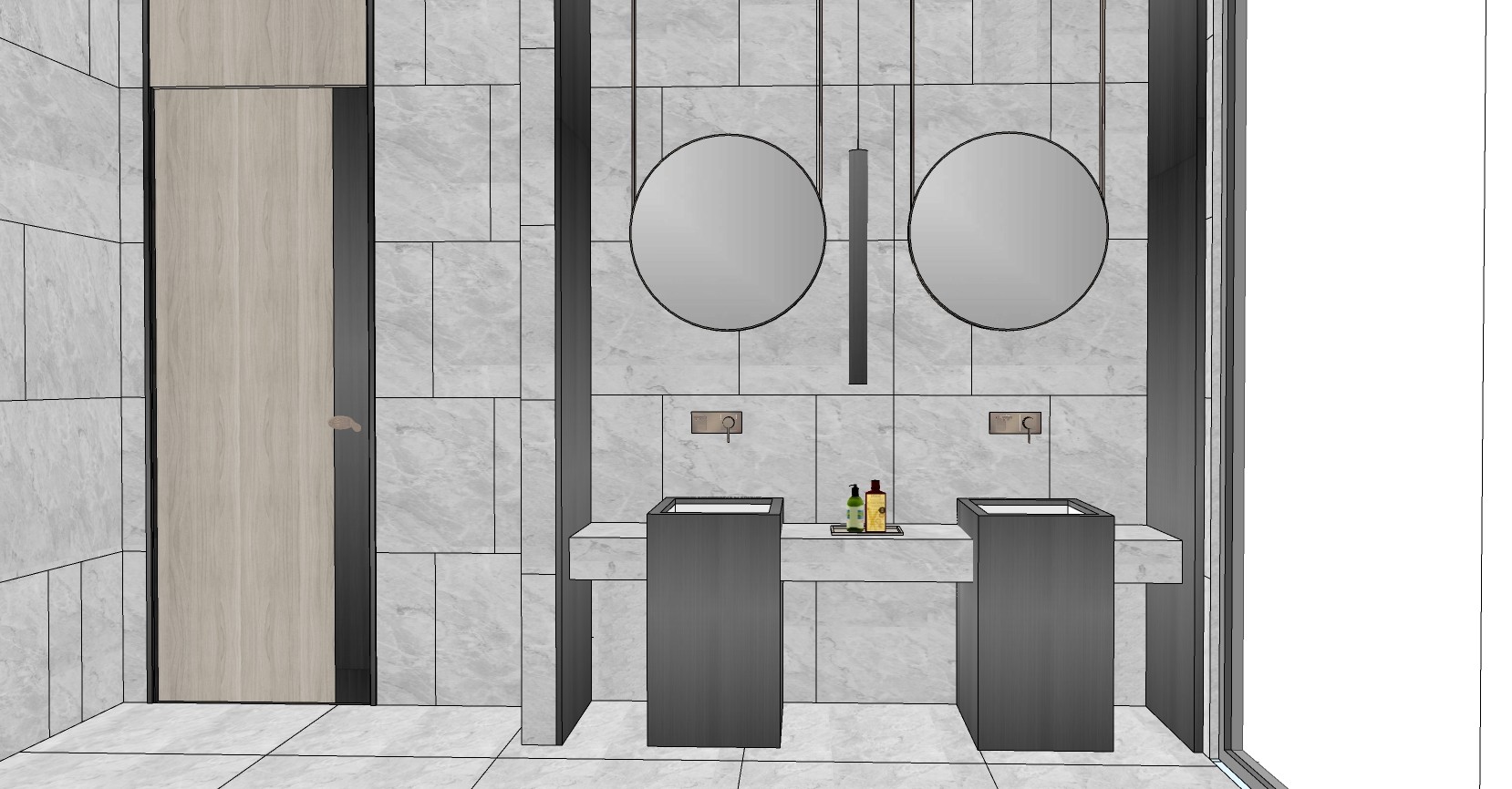 3现代北欧轻奢石材洗手台造型镜子镜前吊灯洗浴用品木制造型门壁挂龙头SketchUpsu草图模型下载