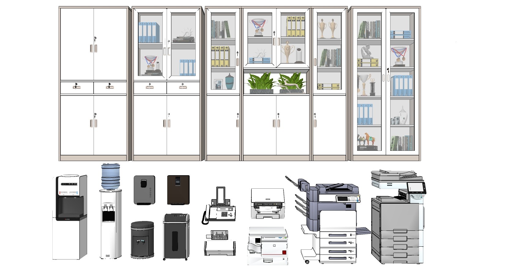 (8)现代办公室设备打印机复印机饮水机书柜档案文件柜书柜传真机su草图模型下载