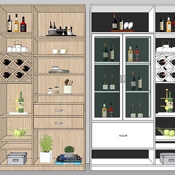 (1)现代木制酒柜酒架红酒瓶酒杯摆件组合su草图模型下载