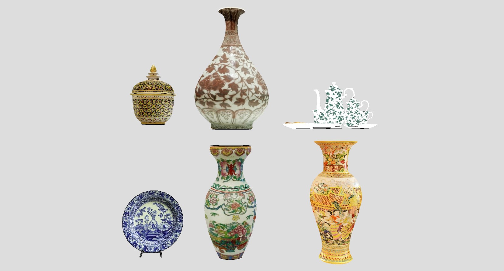 (20) 中式古董陶瓷花瓶盘子青花瓷茶叶罐茶壶茶杯su草图模型下载