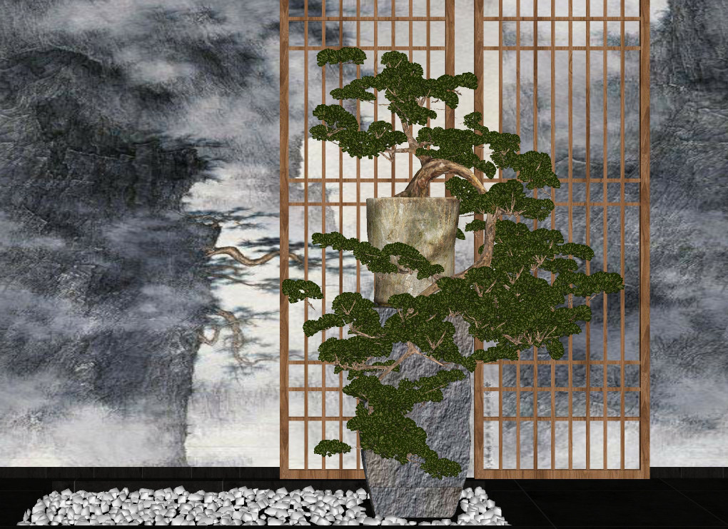 (3)中式盆景迎客松盆栽鹅卵石摆台su草图模型下载