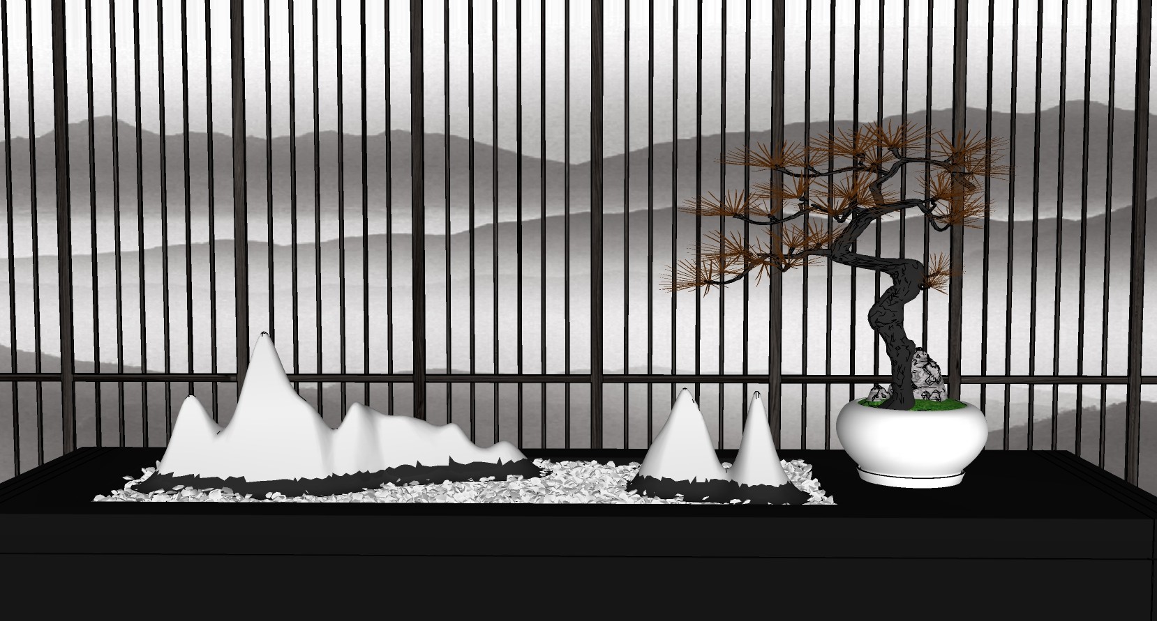 (16) 新中式日式枯山水山形摆件盆景su草图模型下载