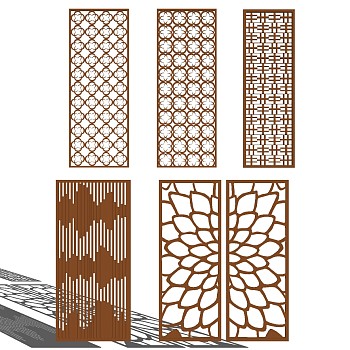 (1)新中式现代金属花瓣木花格屏风隔断su草图模型下载