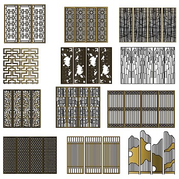 (5)新中式现代金属木花格屏风隔断su草图模型下载
