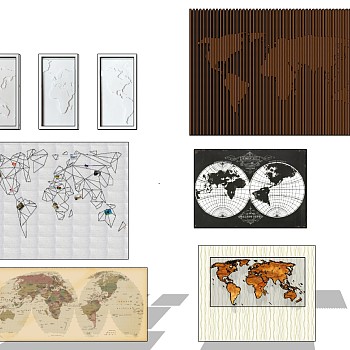 (14)世界地图木格栅墙饰挂画装饰画su草图模型下载