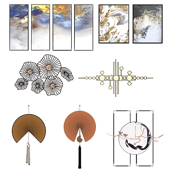 (23)新中式床头背景墙金属墙饰挂饰挂件装饰挂画扇子su草图模型下载