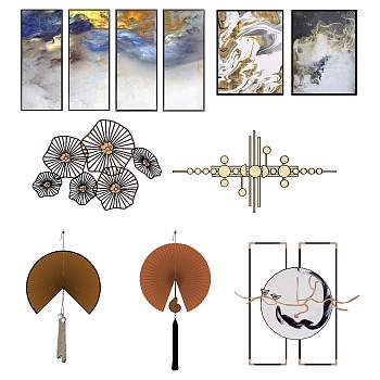 (23)新中式床头背景墙金属墙饰挂饰挂件装饰挂画扇子su草图模型下载