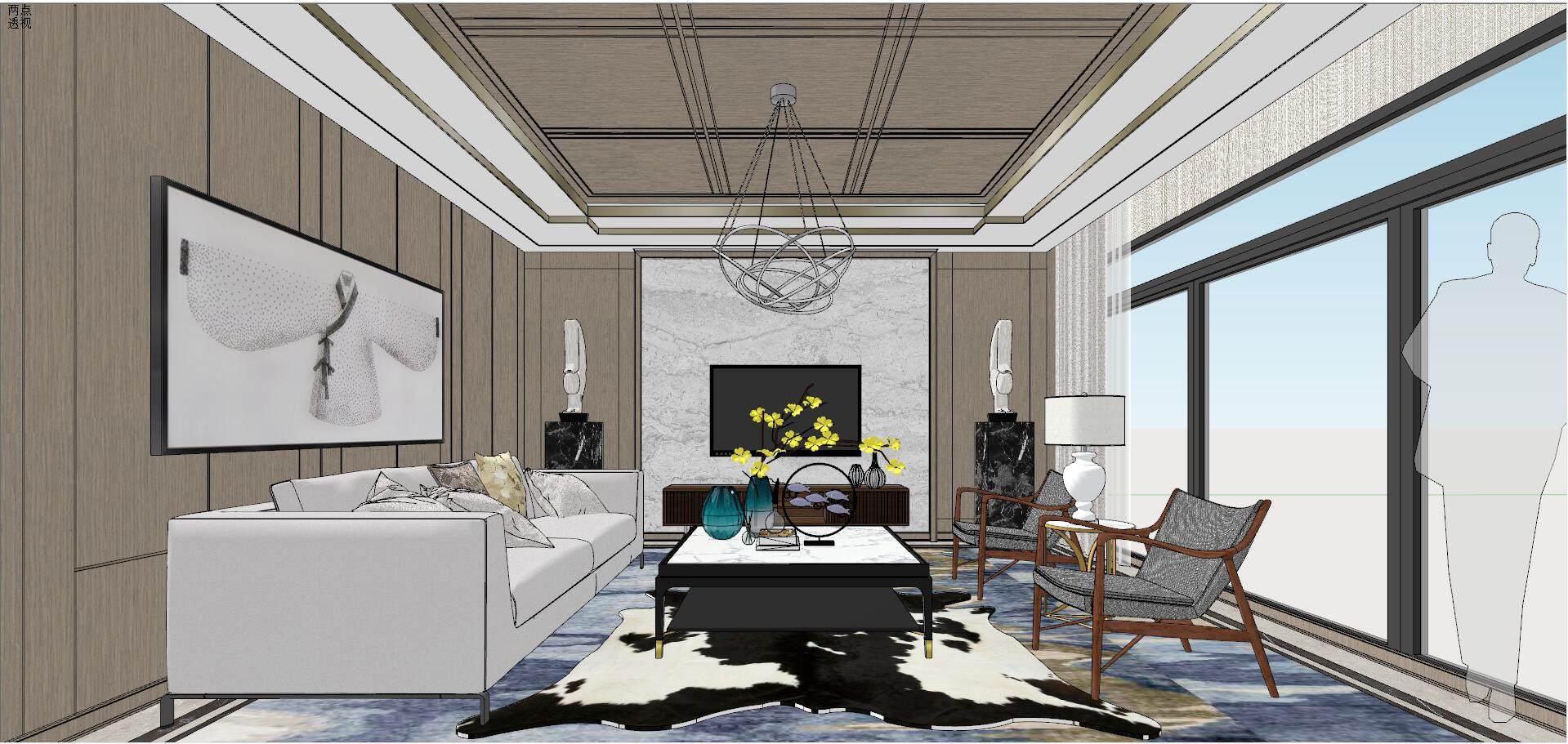 06现代北欧低奢新中式别墅客厅 su草图模型下载
