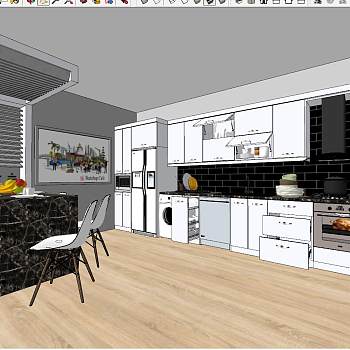 73现代简约餐厅开放厨房su草图模型下载