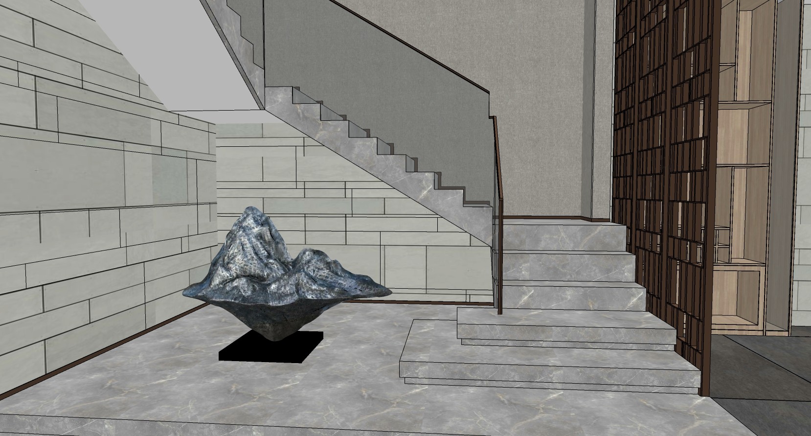 (24)新中式楼梯间石头景观摆件雕塑su草图模型下载