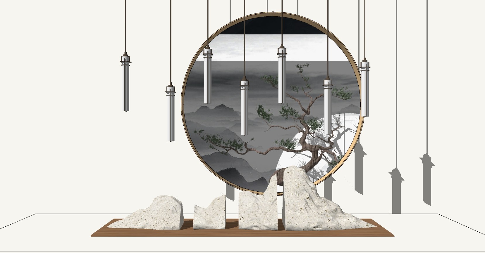 (39)中式景观石头圆形造景造型松树树枝景观树吊灯su草图模型下载
