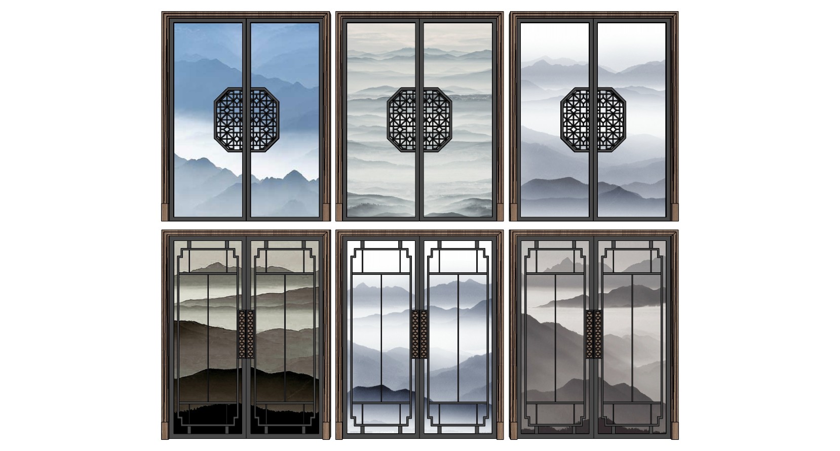 14新中式夹丝玻璃门组合 su草图模型下载