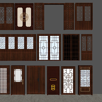 4中式花格花窗屏风隔断推拉门实木门su草图模型下载