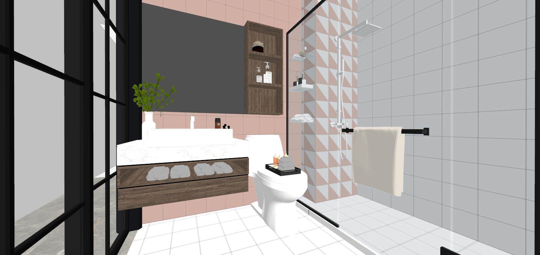 6北欧现代卫生间木纹浴室su草图模型下载
