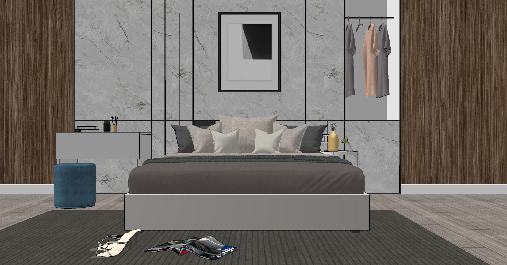 现代简约卧室床具组合,组合,床具组合su草图模型下载