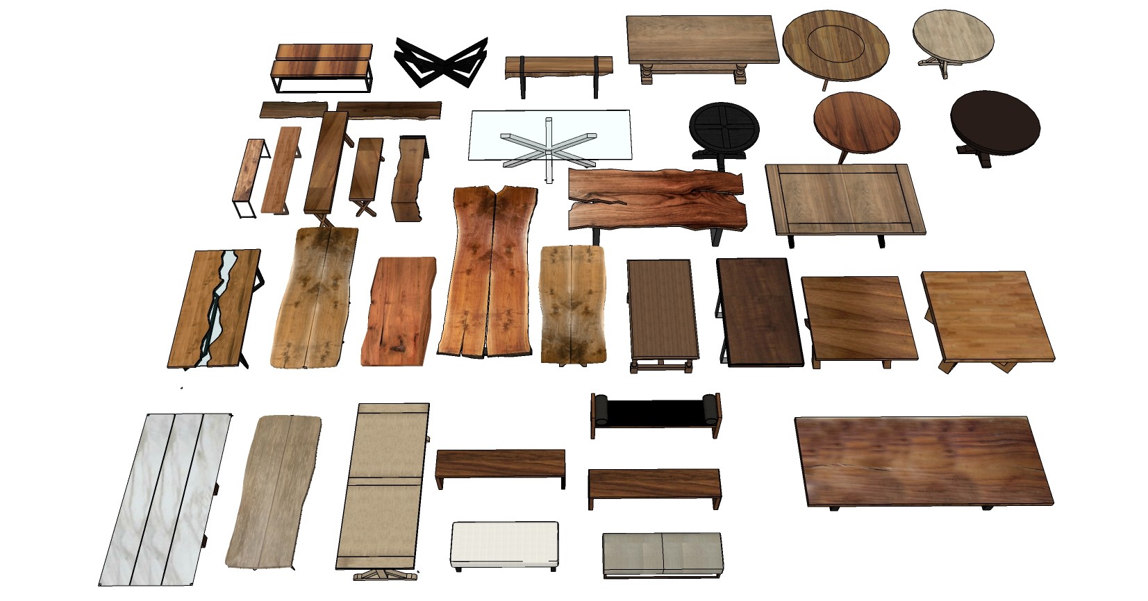7现代实木大板茶桌桌子餐桌圆形桌子茶具组合木板凳su草图模型下载