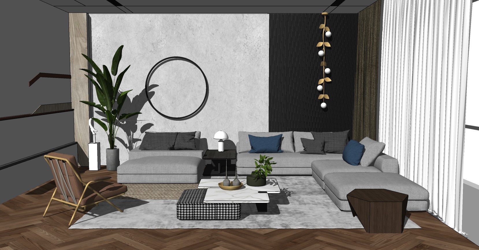 现代家居客厅转角沙发茶几休闲椅子绿植盆栽树叶小吊灯