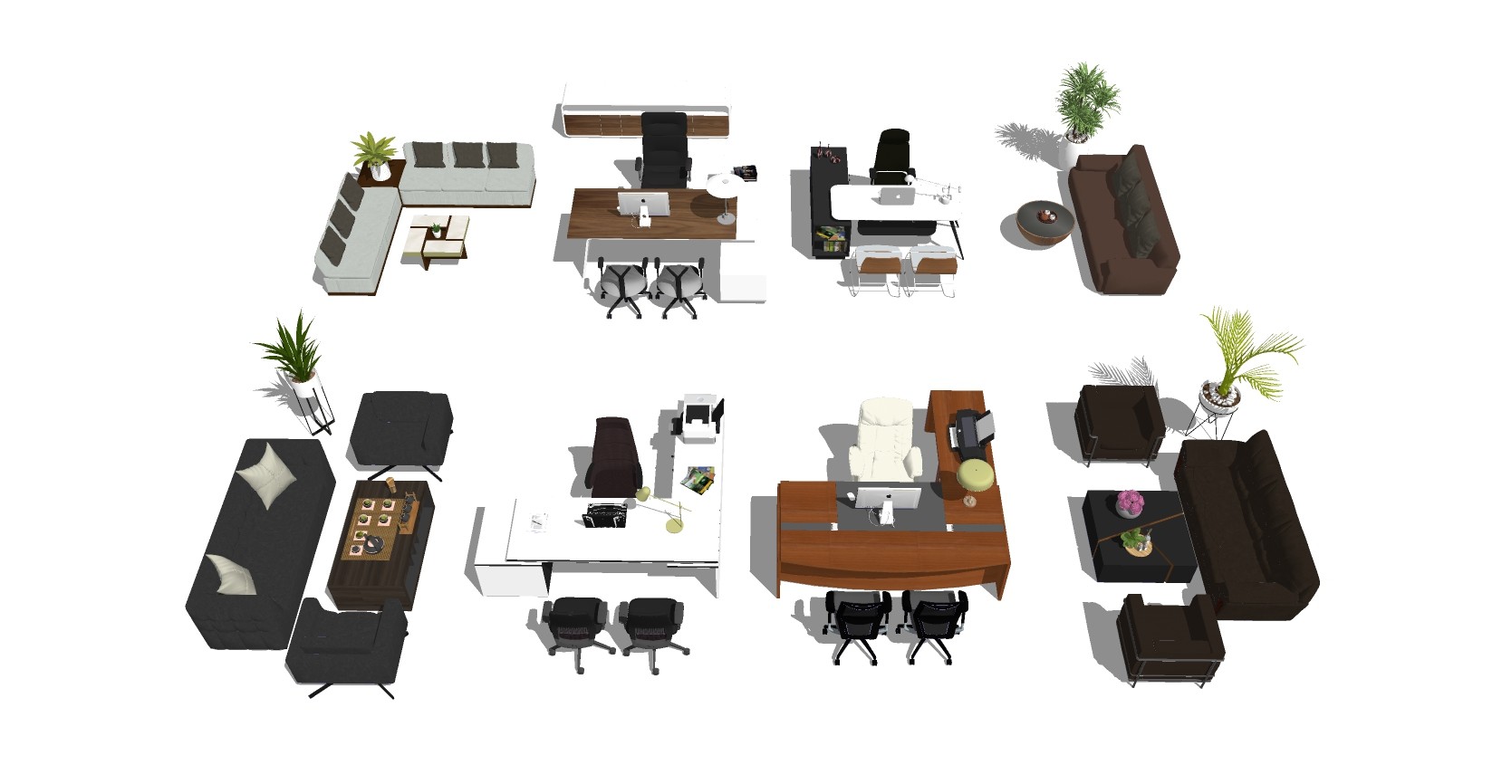 15现代办公室沙发班台老板台办公桌椅子组合su草图模型下载