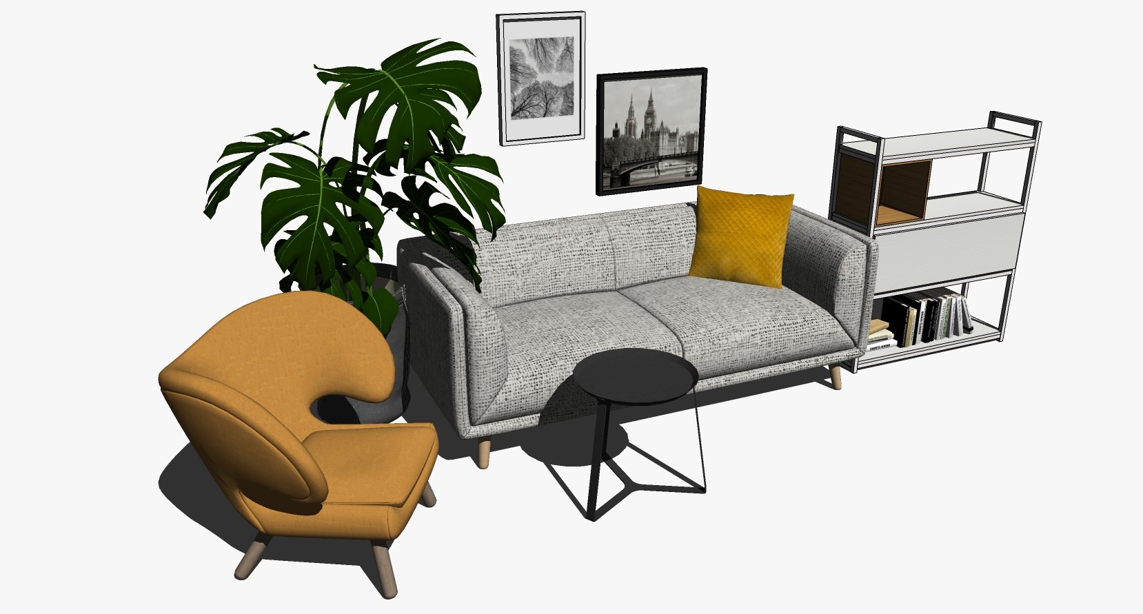 14北欧现代单人沙发椅子双人沙发茶几书柜储物柜大叶子绿植盆栽组合su草图模型下载