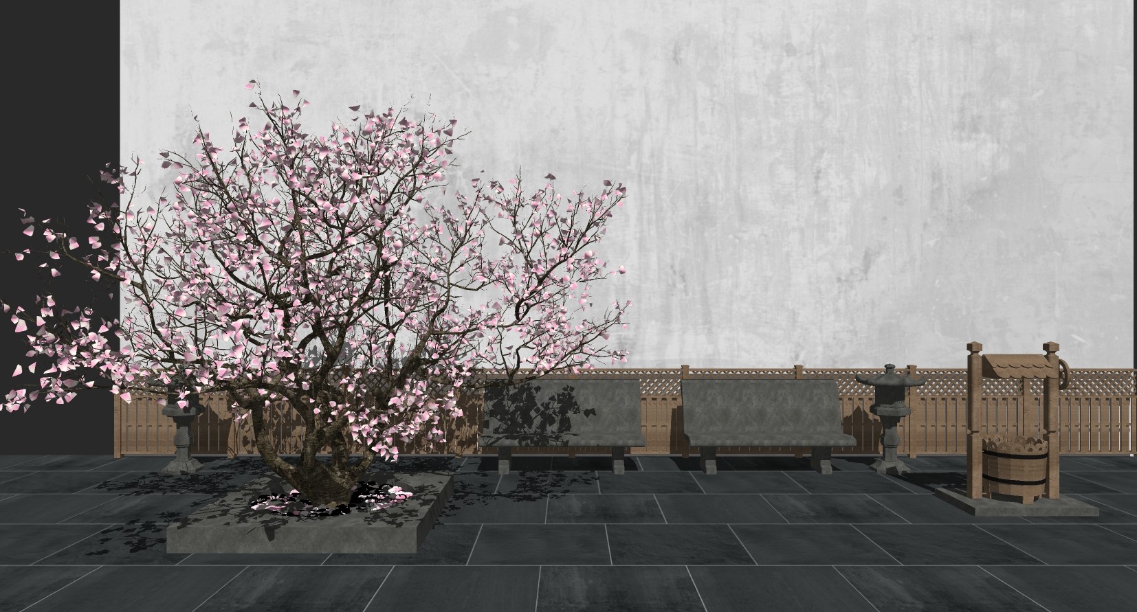 新中式樱花树石凳篱笆组合su草图模型下载