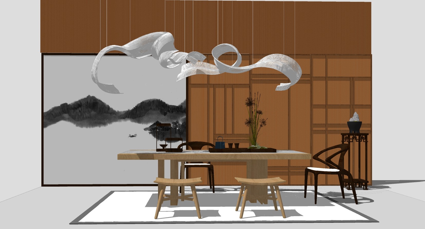 新中式茶室实木茶桌椅云朵异形吊灯摆件su草图模型下载