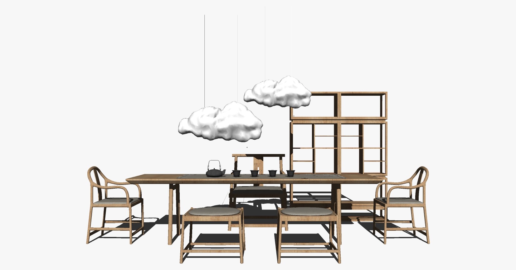 新中式茶室展示柜云朵灯中式椅组合su草图模型下载