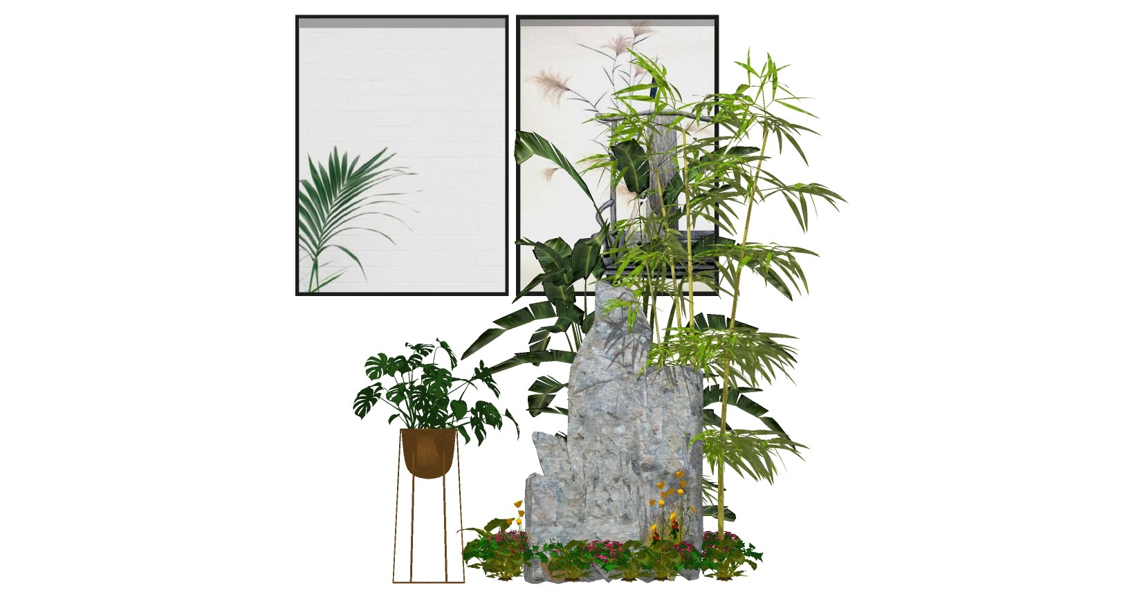 08假山竹子画框花架植物su草图模型下载