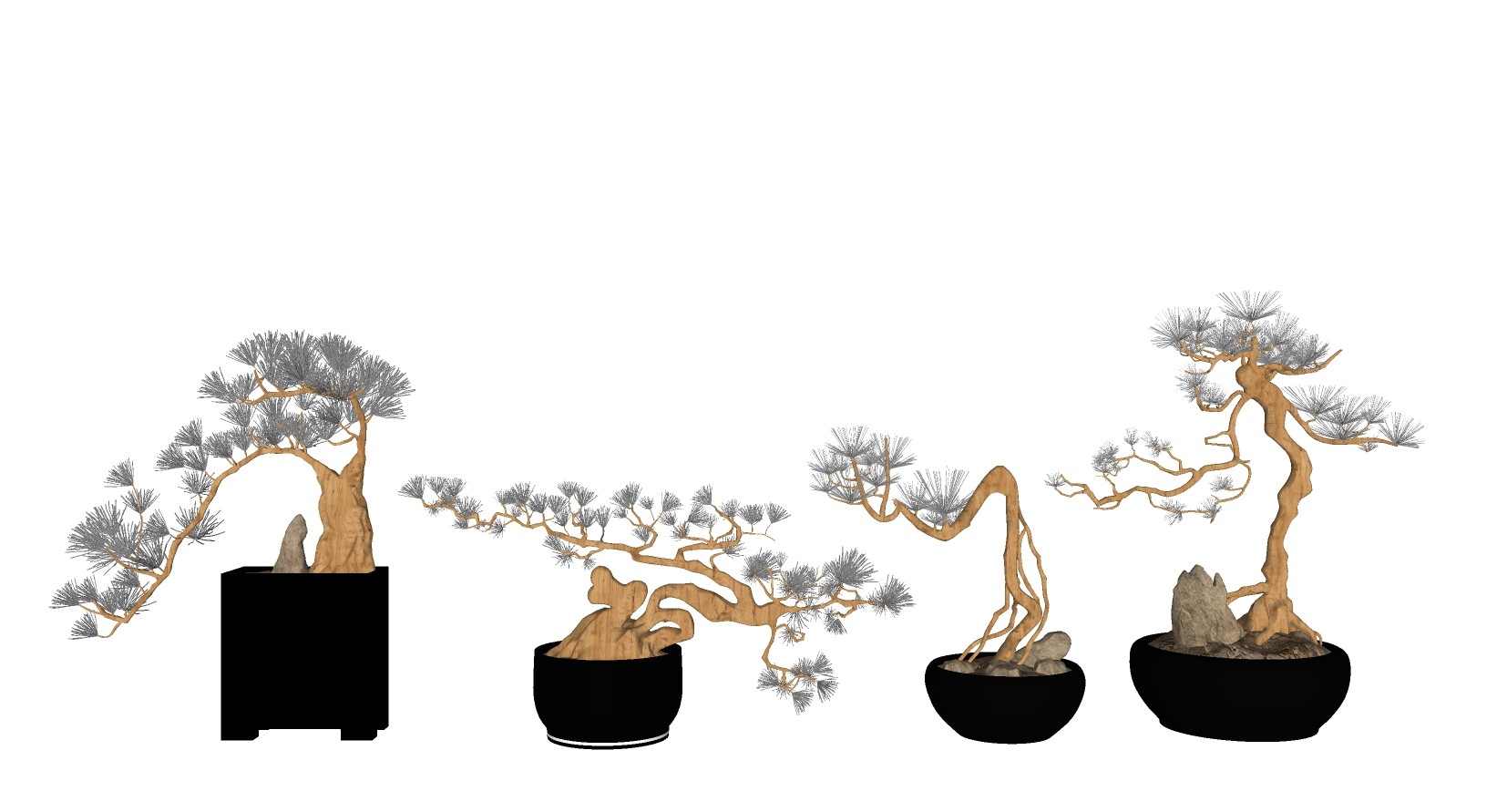 32新中式实木花架,摆台,盆景,迎客松,松树,植物花盆su草图模型下载