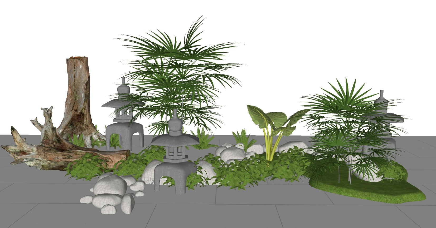 55新中式日式景观植物花草大叶植物庭院灯石灯枯树树根根雕树疙瘩su草图模型下载