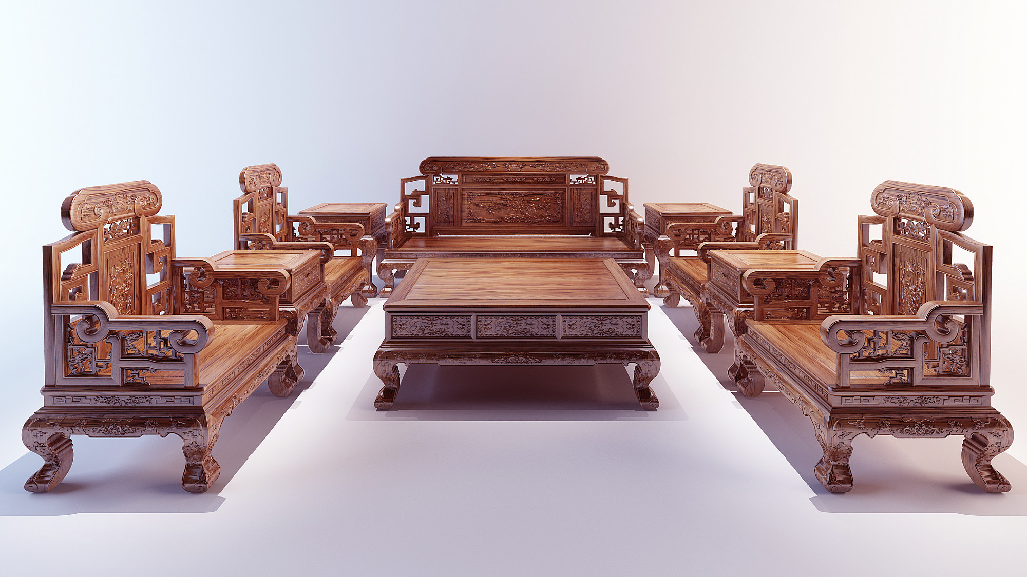 中式古典红木沙发茶几罗汉床组合su草图模型下载