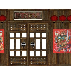 中式古典实木原木双开门红灯笼牌匾su草图模型下载