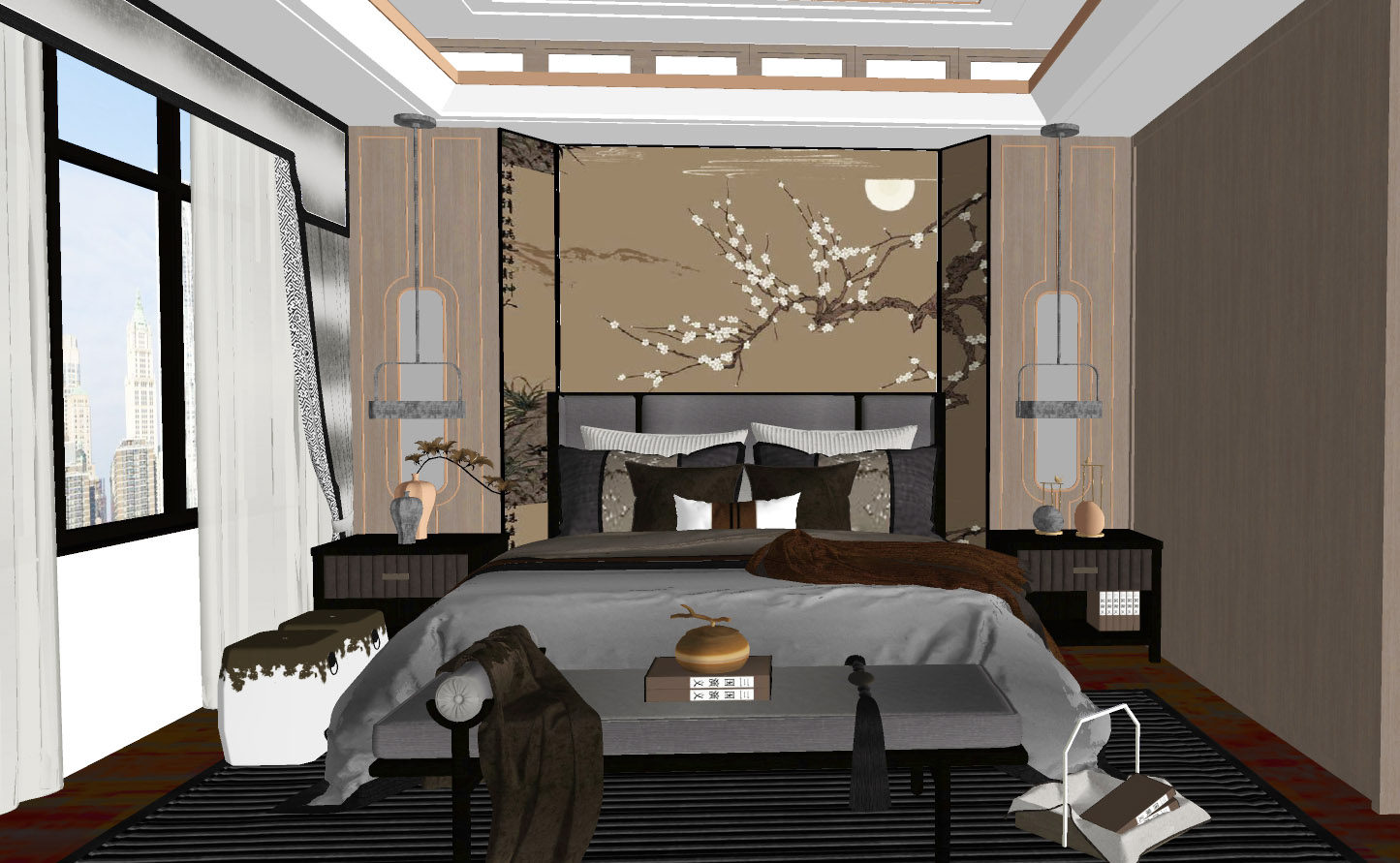 新中式双人床床头柜组合床尾踏床尾凳su草图模型下载